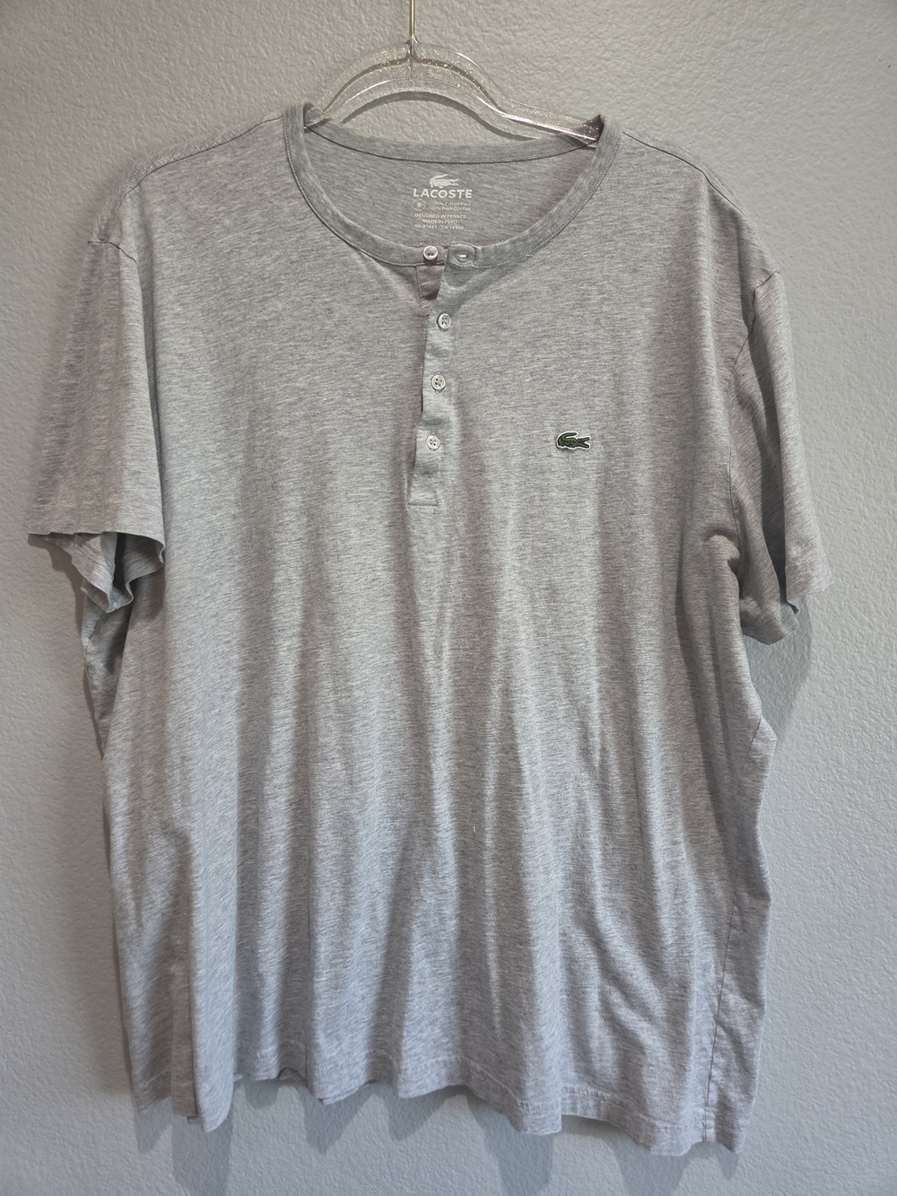 Lacoste Men's Heather Gray Short Sleeve Henley with Crocodile Logo
